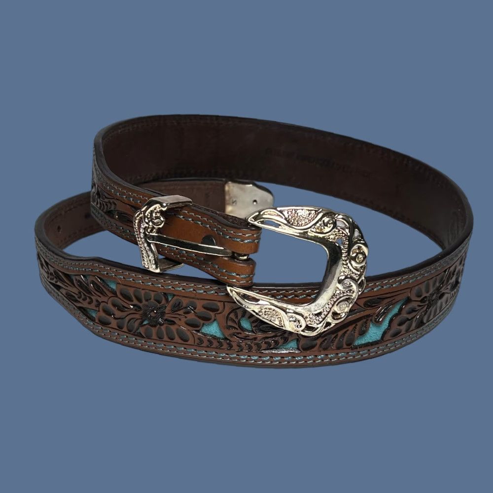Vintage VINTAGE 3D Tooled Leather Belt Removable Silver Buckle Floral Turquoise Inlay S/M Women's Brown 3D Western Leather Cowgirl Buckle Swap 35.5” Size ONE SIZE - 1 Thumbnail