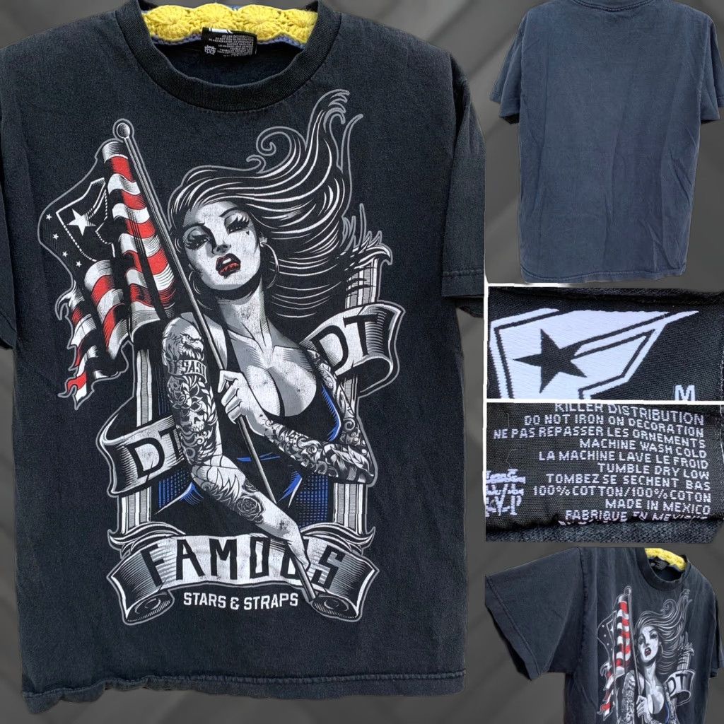 Vintage Famous Stars & Straps T-Shirt M Black Cotton Graphic Print Tattooed Woman Flag American Tattooed Woman Lady Female 1990s 80s? Size US M / EU 48-50 / 2 - 1 Thumbnail