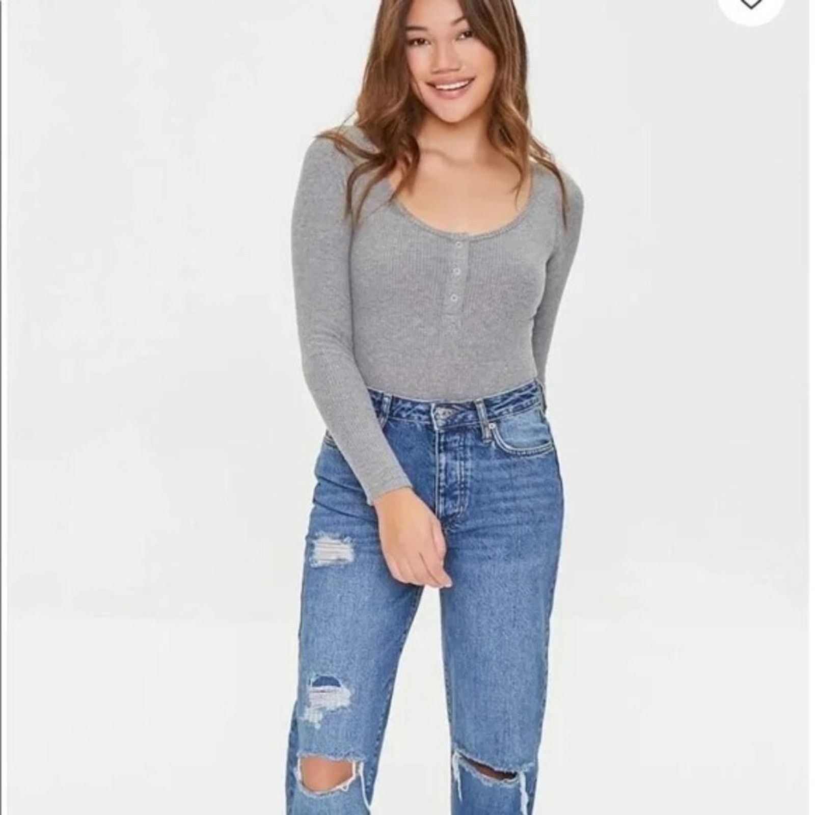 Forever 21 Forever 21 NEW Ribbed Long-Sleeved Grey Henley Bodysuit Size XS / US 0-2 / IT 36-38 - 2 Thumbnail