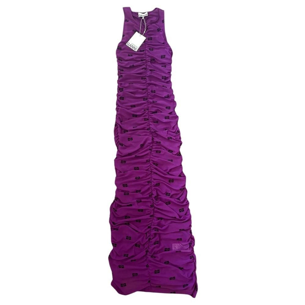 Ganni GANNI Printed Ruched Mesh Midi Dress Sparkling Grape NWT Size XS / US 0-2 / IT 36-38 - 9 Thumbnail