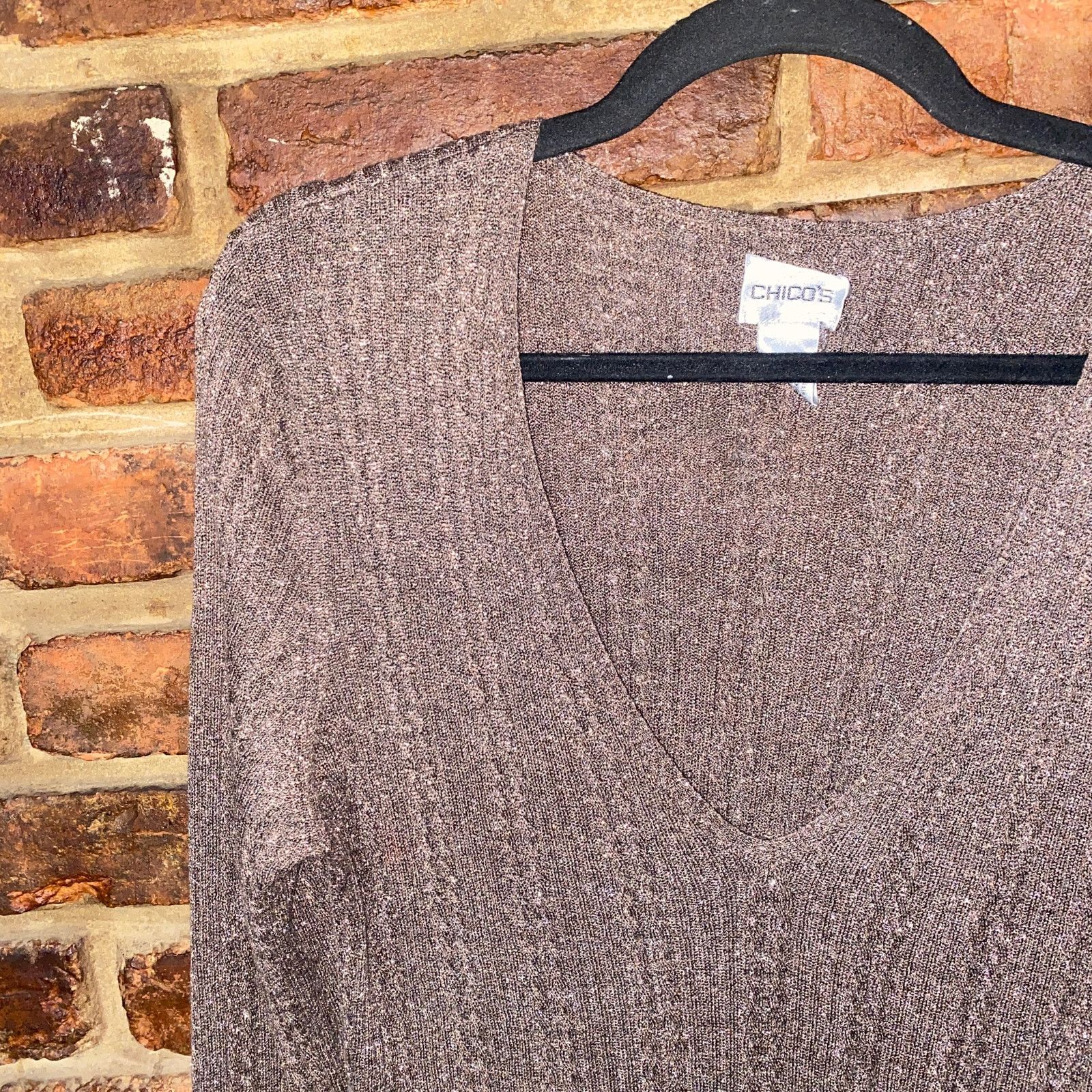 Chicos Chico's Brown Gold Metallic V-Neck Knit Sweater 1 Medium Size M / US 6-8 / IT 42-44 - 2 Thumbnail