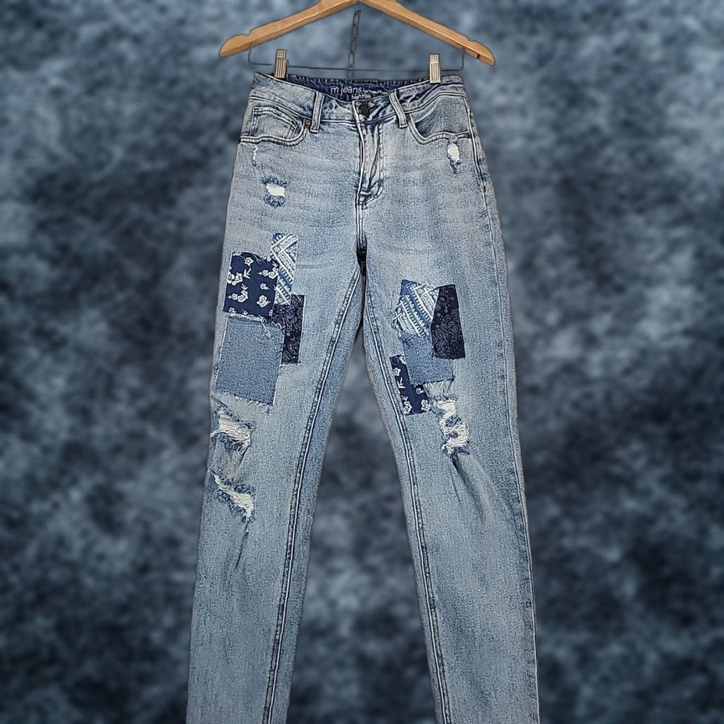 Vintage M Jeans Maurices Women's Jeans High-Rise Patchwork Distressed 5-Pocket Ankle Blue Cotton Blend Medium Wash Size 26" / US 2 / IT 38 - 1 Thumbnail