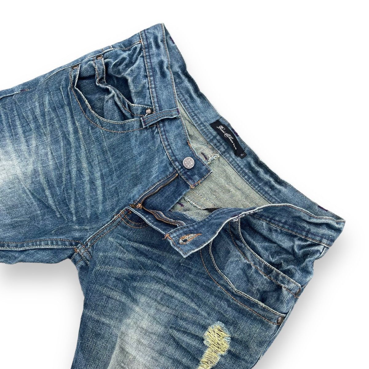 If Six Was Nine × Japanese Brand × Le Grande Bleu (L.G.B.) 🇯🇵 ROOT THREE GLITTER DISTRESSED FLARE DENIM PANTS Size US 31 - 6 Thumbnail