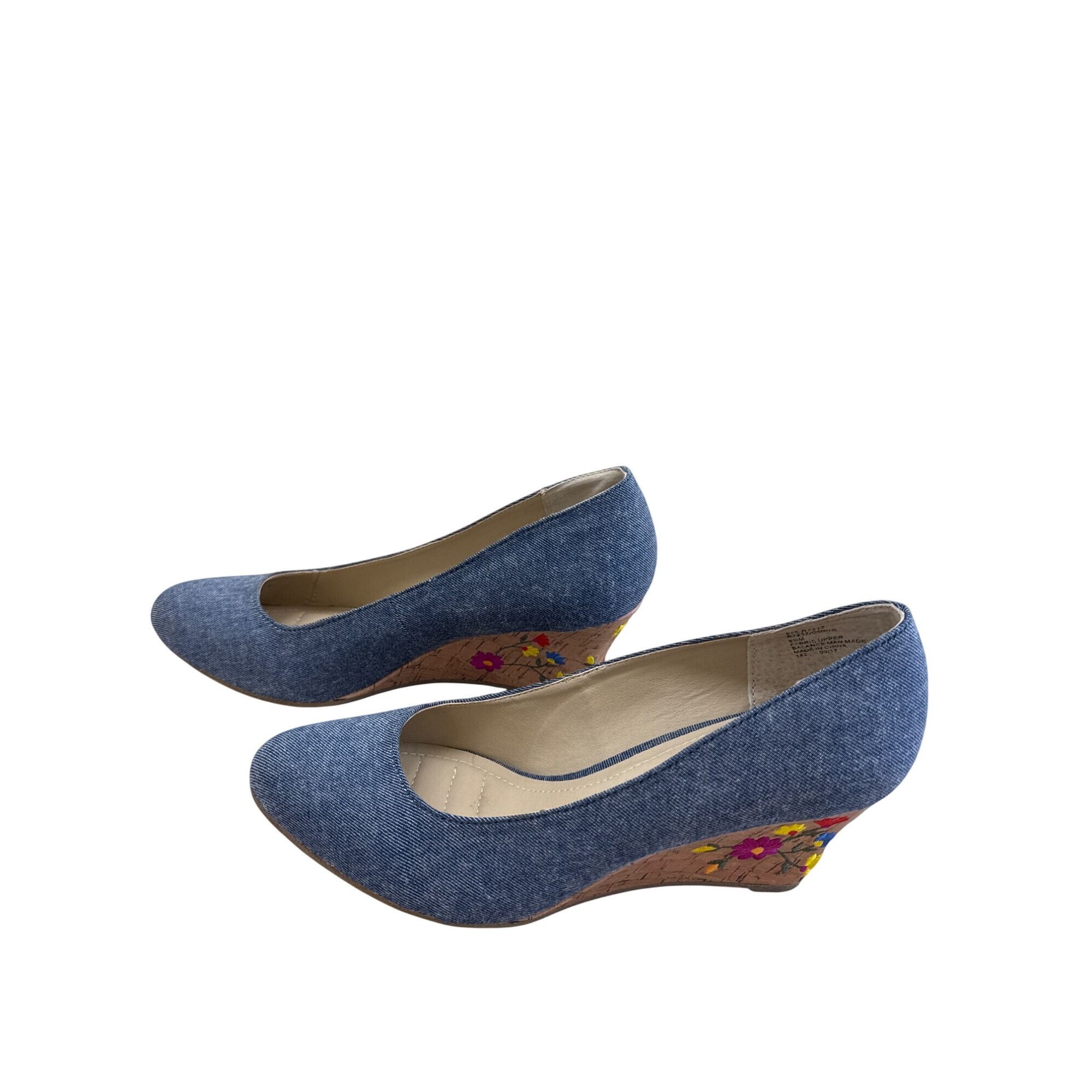 Designer Rialto Womens Blue Denim Floral Cork 3" Wedge Heel Shoes Siz Size US 9.5 / IT 39.5 - 3 Thumbnail