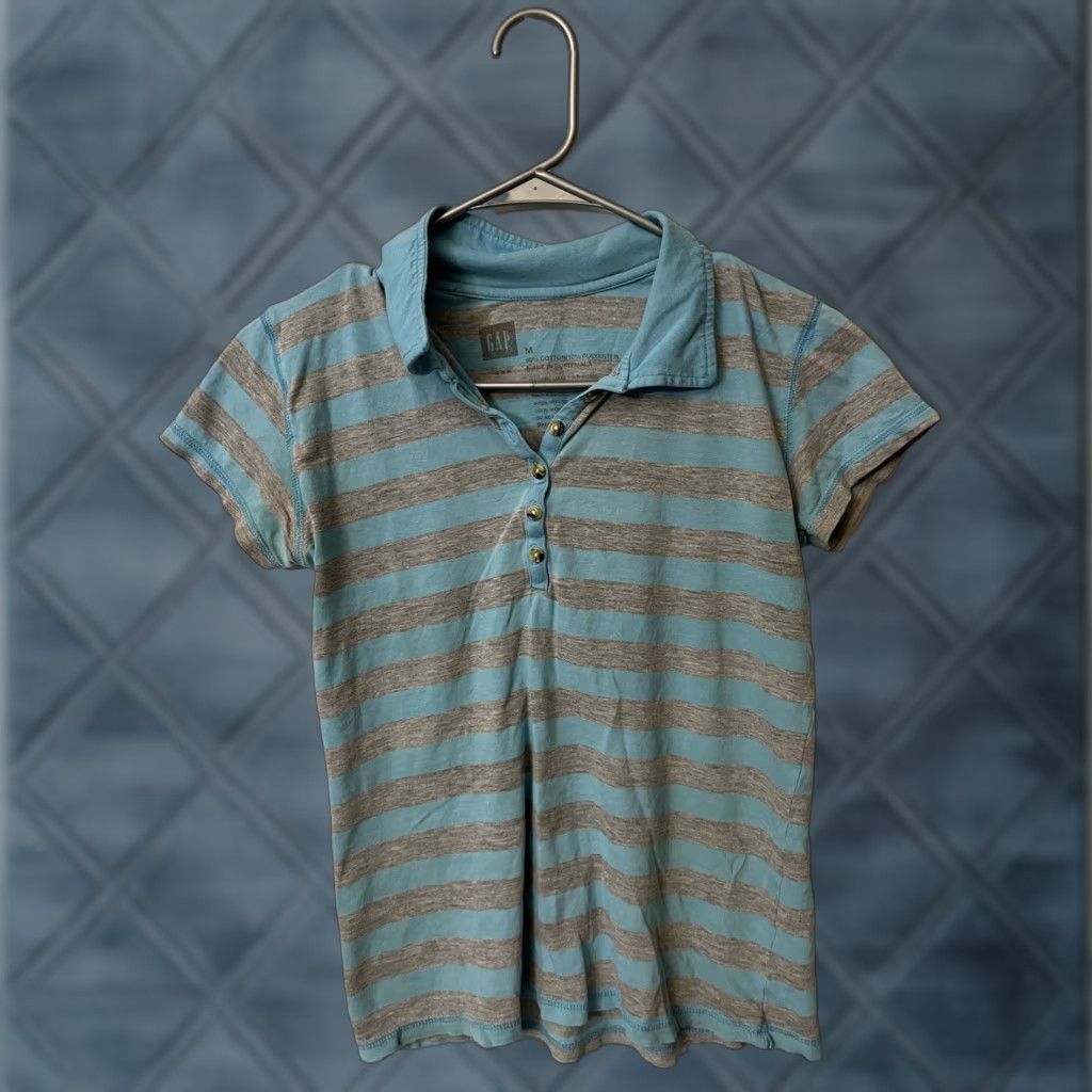 Gap VINTAGE Gap Stretch Blue Gray stripe Polo Shirt Women M Spring Size M / US 6-8 / IT 42-44 - 1 Thumbnail