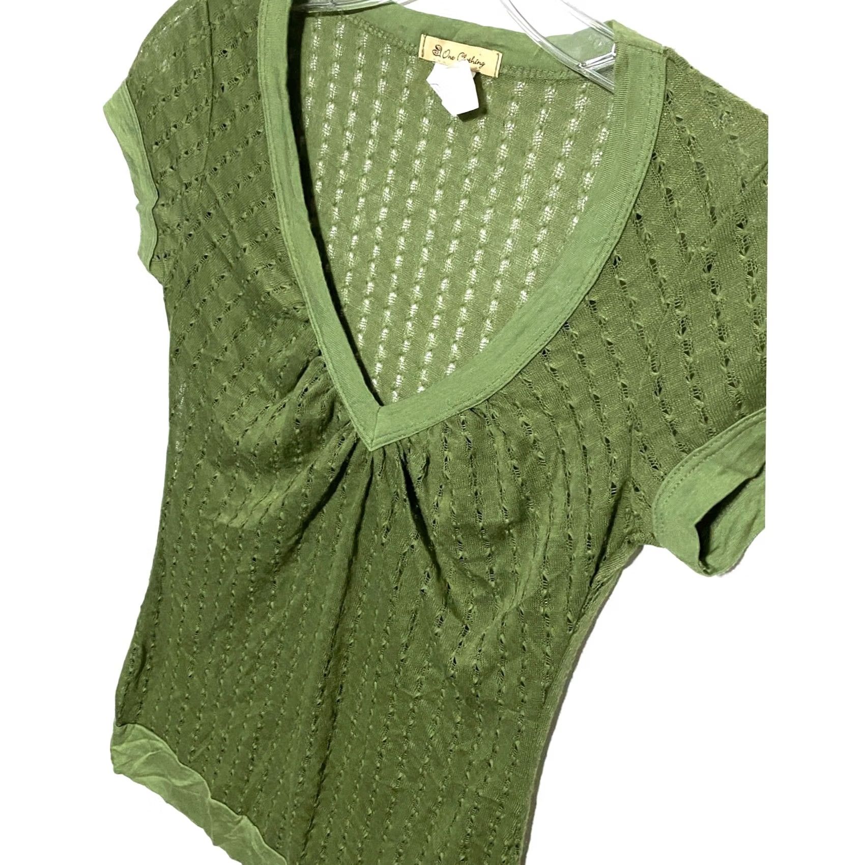 Acme Clothing Green V Neck Ruched Shirt M Open Weave Y2K Goblincore Forest Fairy Boho Grunge Shirt Womens M Green Size M / US 6-8 / IT 42-44 - 2 Thumbnail