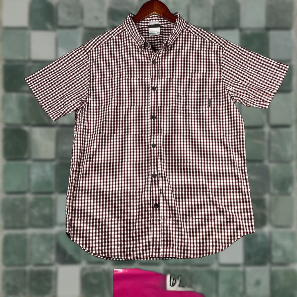 Vintage Columbia Shirt Large Burgundy Gingham Check Button-Up Short Sleeve Mens Size US L / EU 52-54 / 3 - 1 Thumbnail