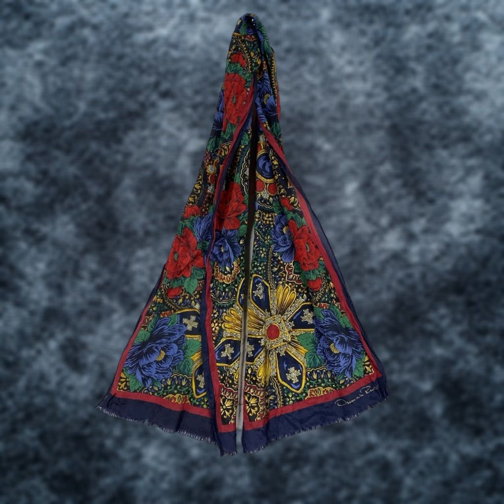 Oscar De La Renta Vtg Oscar De La Renta Silk Scarf Baroque Floral Jewel Print Fall Accessories 53” Silk Chiffon Multicolor 80s Floral Women Rectangle Scarf Size ONE SIZE - 1 Thumbnail
