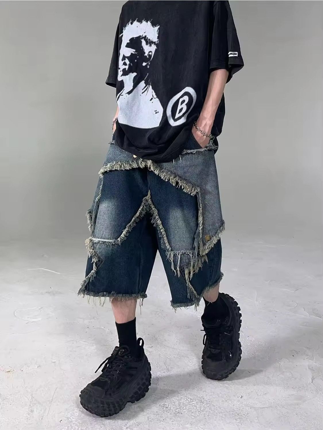 Japanese Brand retro star patch tassel denim short Size US 28 / EU 44 - 2 Thumbnail