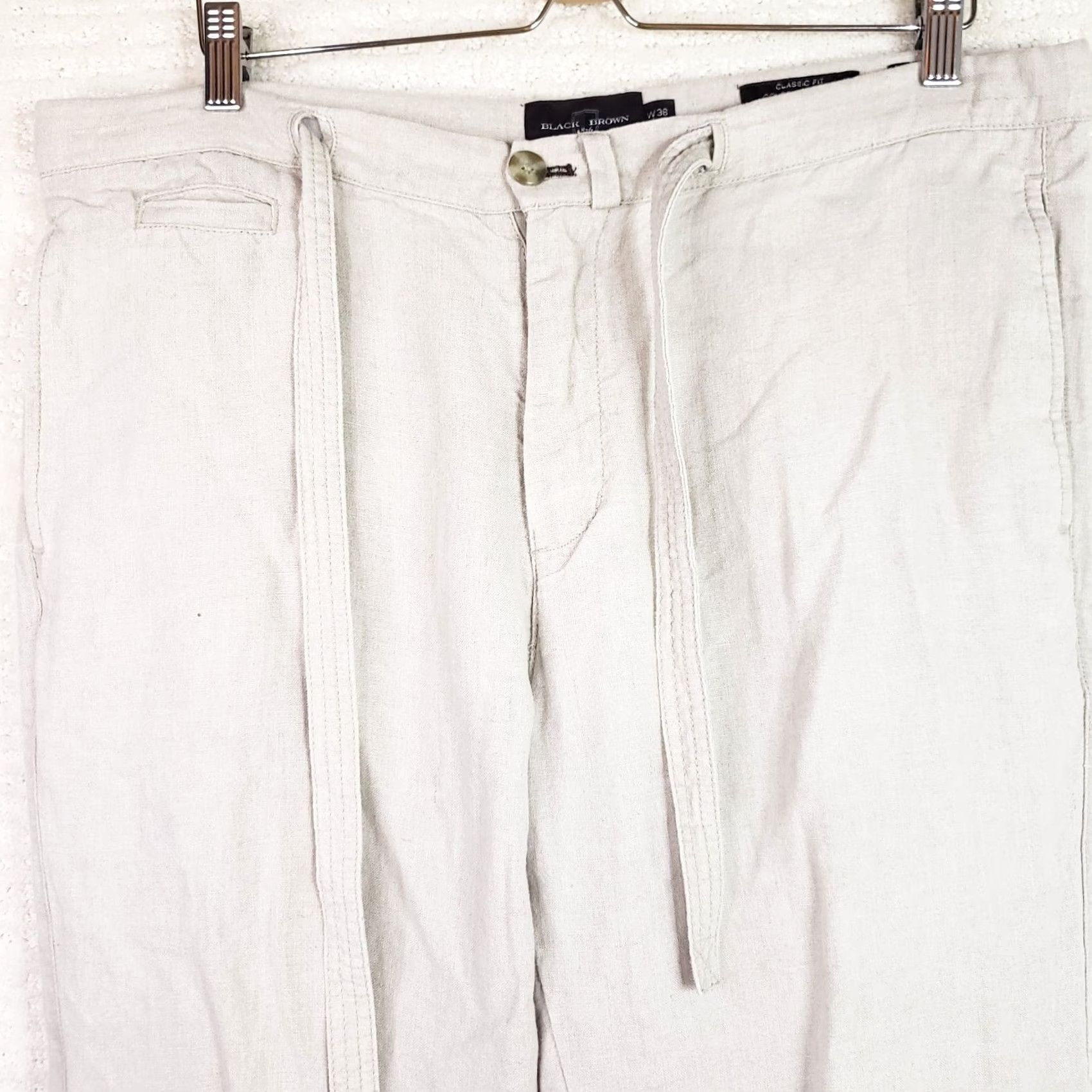 Vintage Black Brown 1826 Pants Beige Linen 36x30 Mens Relaxed Straight Pockets Drawstring Beach Casual 100% Linen Size US 36 / EU 52 - 3 Thumbnail