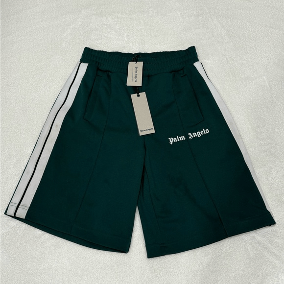 image of Palm Angels Logo-Print Track Shorts Green Men’S Small, Men's (Size 30)