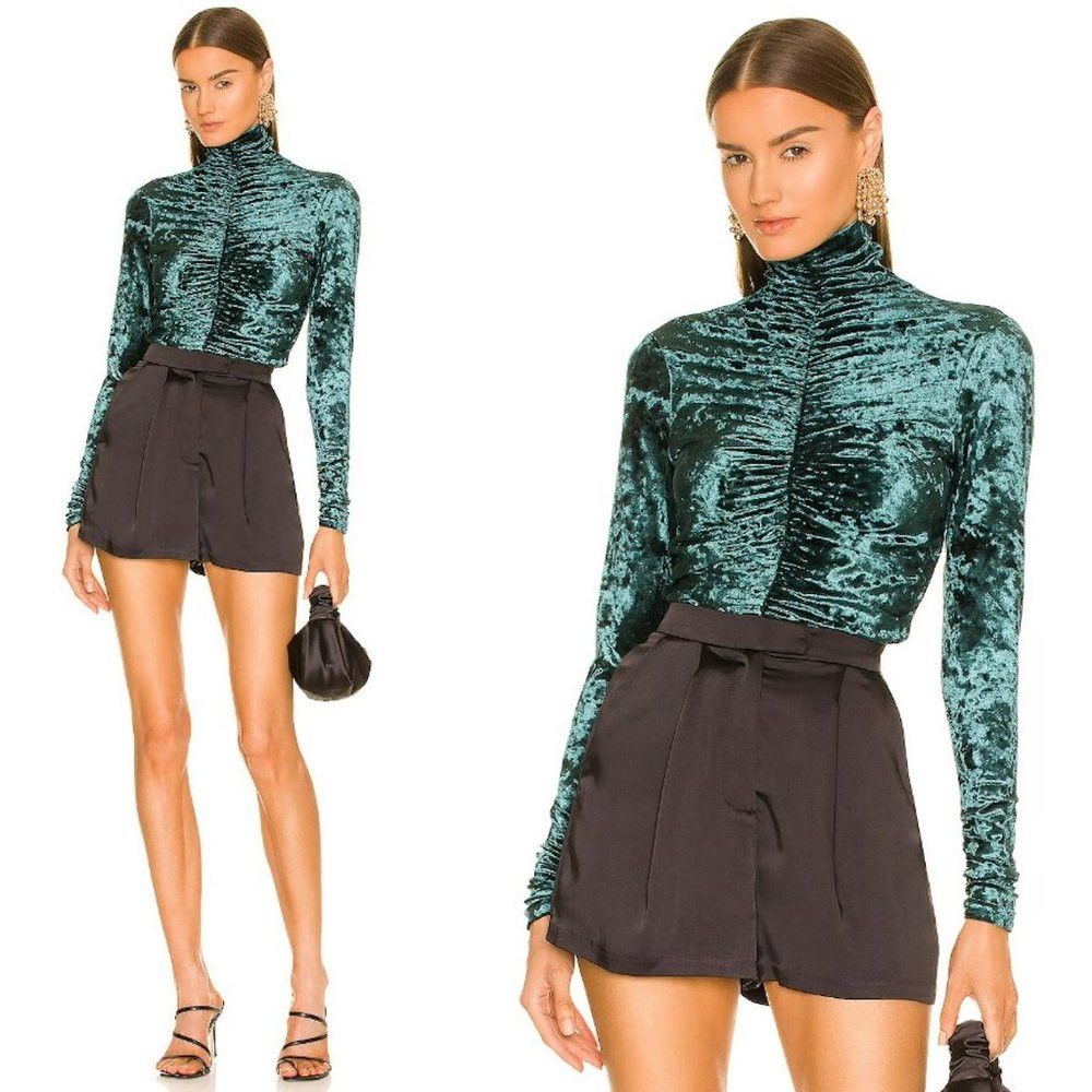Ronny Kobo Karoline Ruched Velvet Teal Turtleneck Top Size