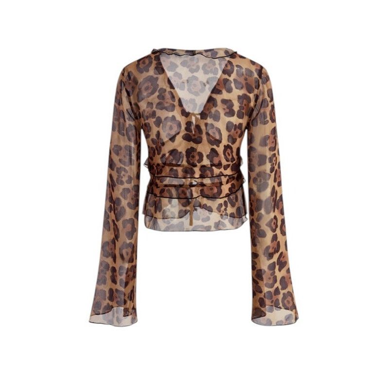 Other Commense Brown Leopard Print Semi-Sheer Ruffle V-Neck Blouse Size XL / US 12-14 / IT 48-50 - 6 Thumbnail