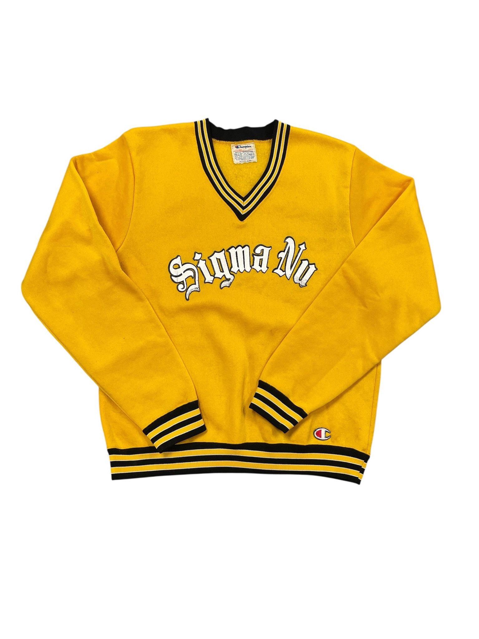 Champion Vintage 1980s Champion Sigma Nu V-Neck Sweater Yellow Varsity Collegiate Size US L / EU 52-54 / 3 - 1 Thumbnail