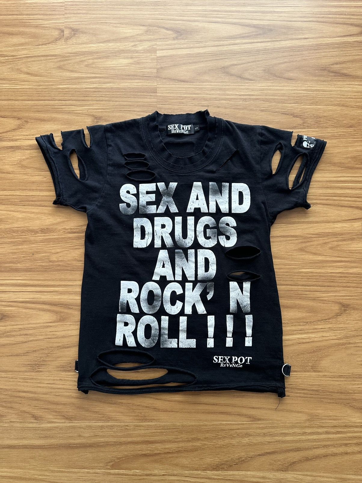 Image of Seditionaries Sex Pot Revenge “Sex Drug & Rock Roll” Distressed Punk Shirt in Black (Size Small)