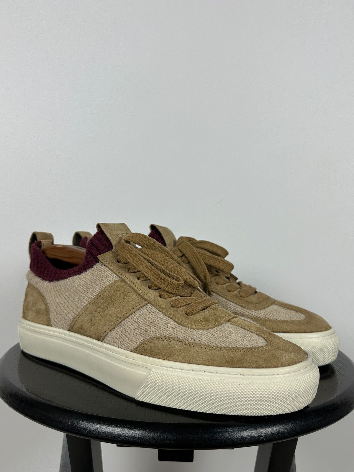 Tod's Tod’s Knit Suede Beige/Burgundy Low Top Lace Up Sneakers Size US 9 / EU 42 - 10 Thumbnail