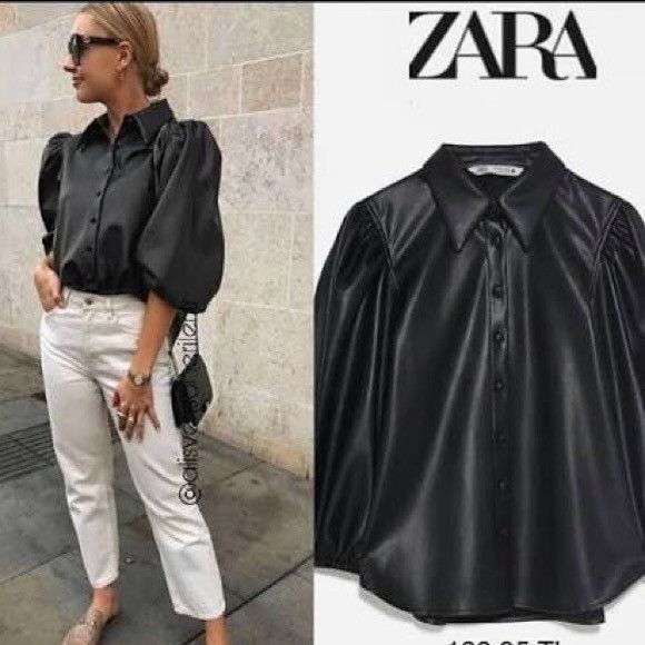 Zara Zara Black Faux Leather Puff-Sleeve Button-Down Shirt Size M / US 6-8 / IT 42-44 - 1 Thumbnail