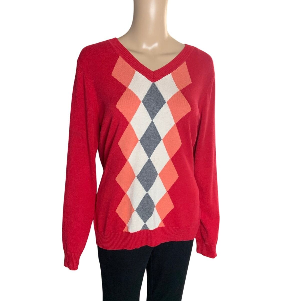Van Heusen Van Heusen Women's Size Large V-Neck Sweater Pullover Argyle Size L / US 10 / IT 46 - 8 Thumbnail