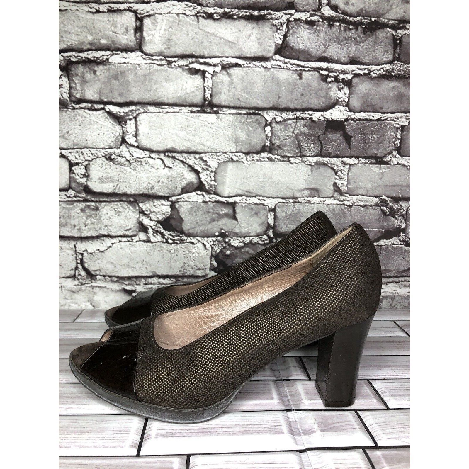 Beautiful Ful Beautifeel Brown Synthetic Leather Peep Toe Dress Heels Wome Size US 7.5 / IT 37.5 - 3 Thumbnail