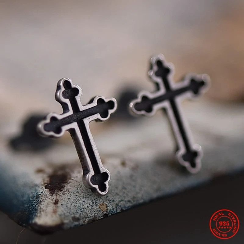 Jewelry Tiny Gothic Cross Stud Earrings 925 Sterling Ear Gift Size ONE SIZE - 3 Thumbnail
