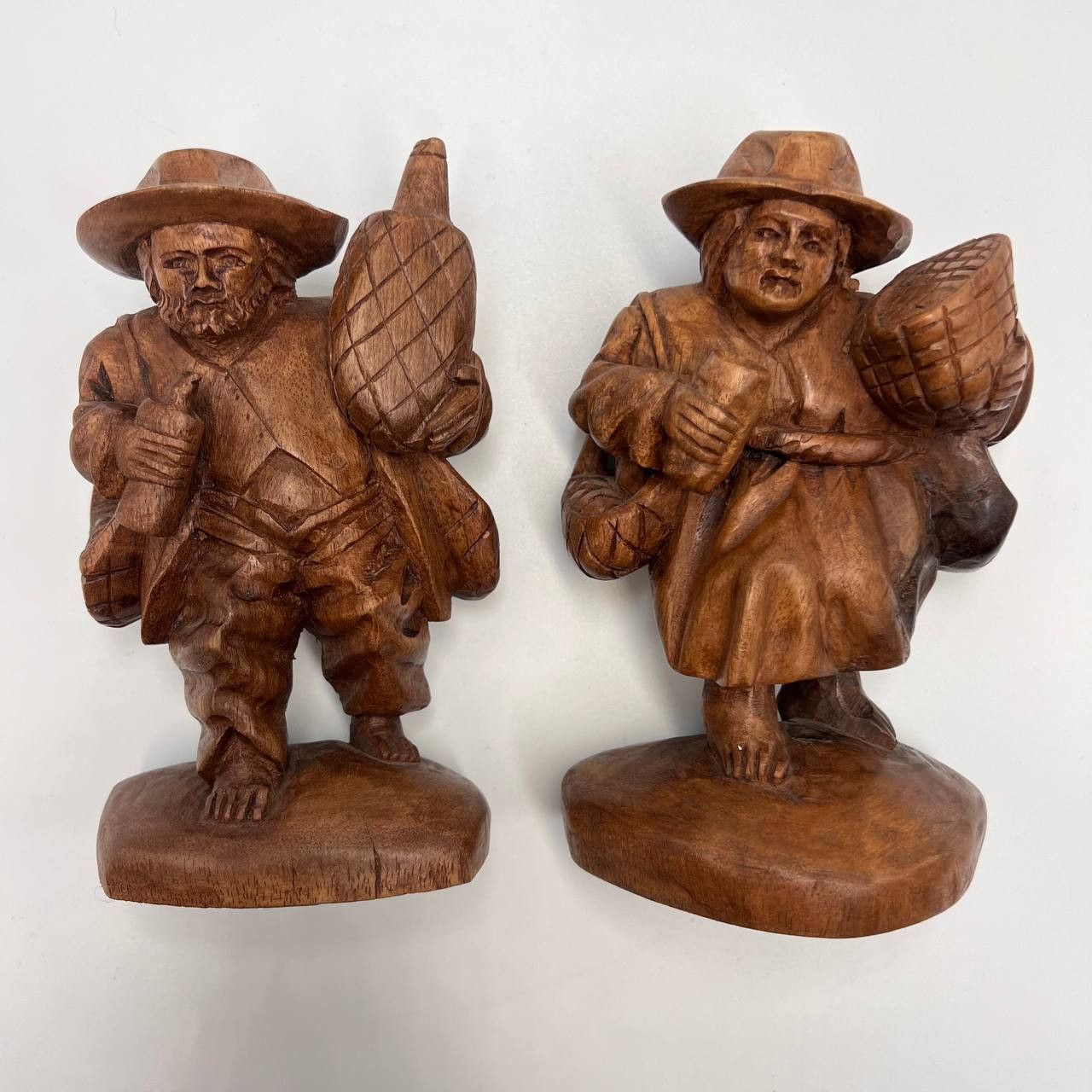 Two Vintage Wooden Figure Travelers Men Hand Carved Folk Art