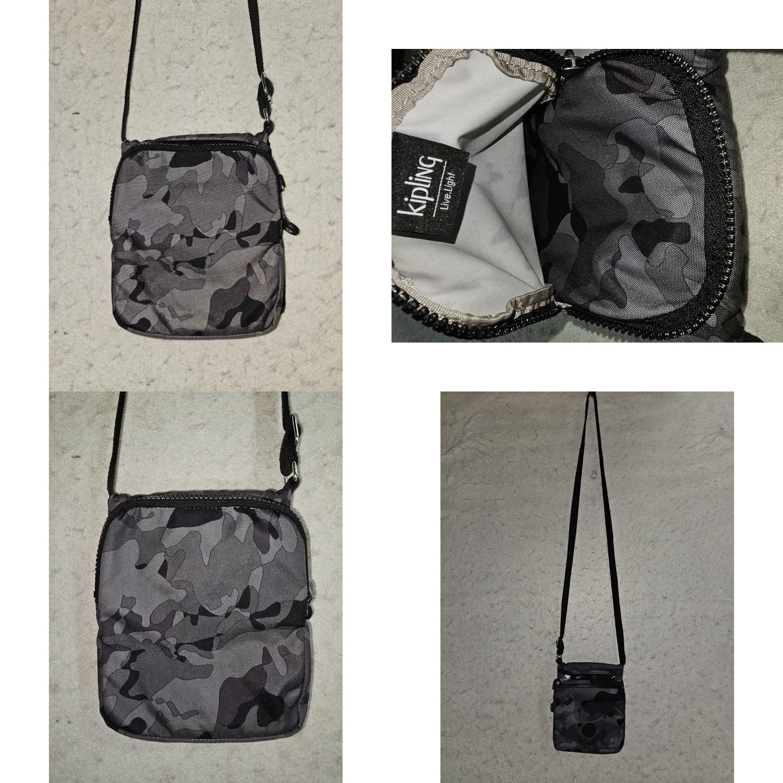 Vintage Kipling Signature Camo Fog Eldorado Gray Black Nylon Crossbody Travel Bag - Small Women Gray Camouflage Modern 90s? Size ONE SIZE - 8 Thumbnail