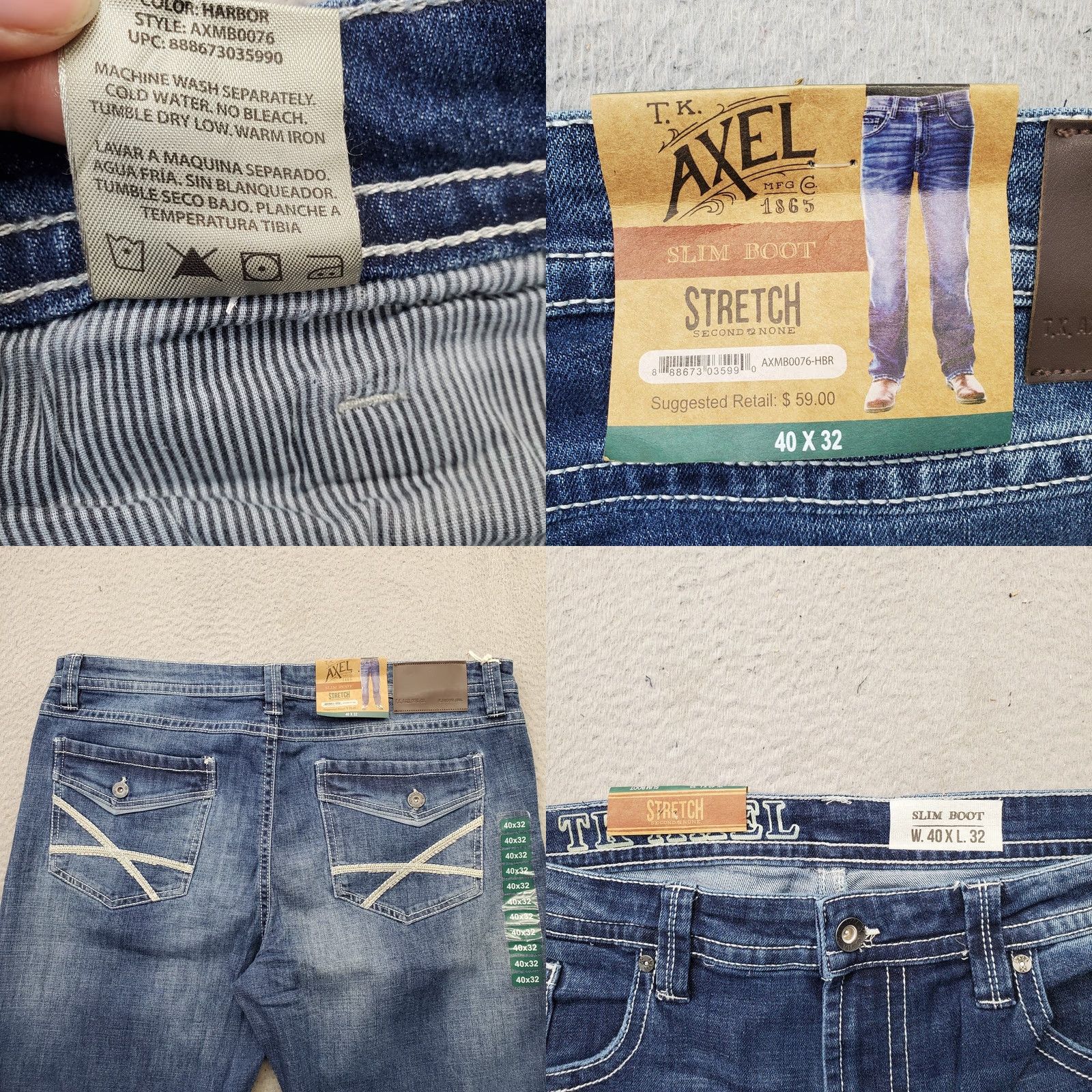Denime Axel Jeans Men Bootcut Slim 40x32 Blue Denim Stretch Medium Wash White Stitch Size US 40 / EU 56 - 8 Thumbnail