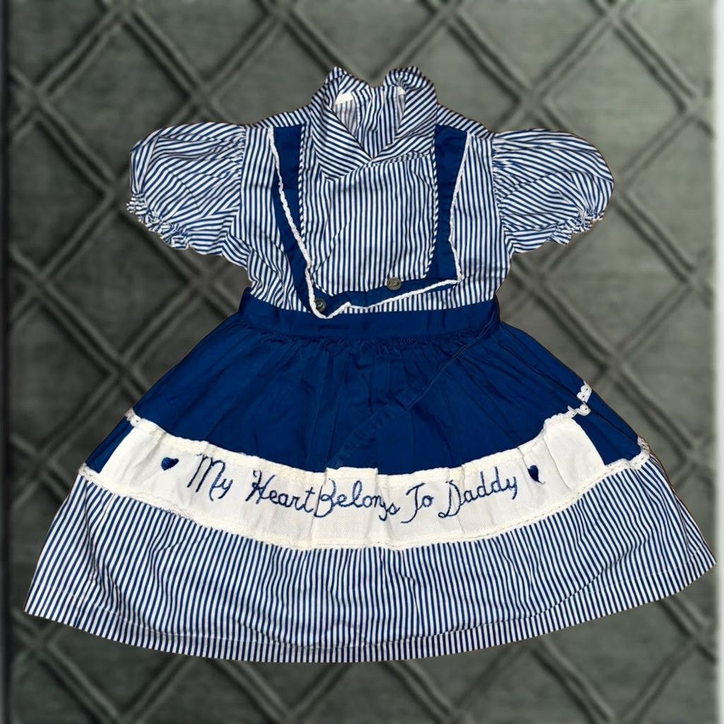 Vintage VINTAGE Girls Dress Blue White Ruffle 3T Chain Stitching 1960s Size ONE SIZE - 1 Thumbnail