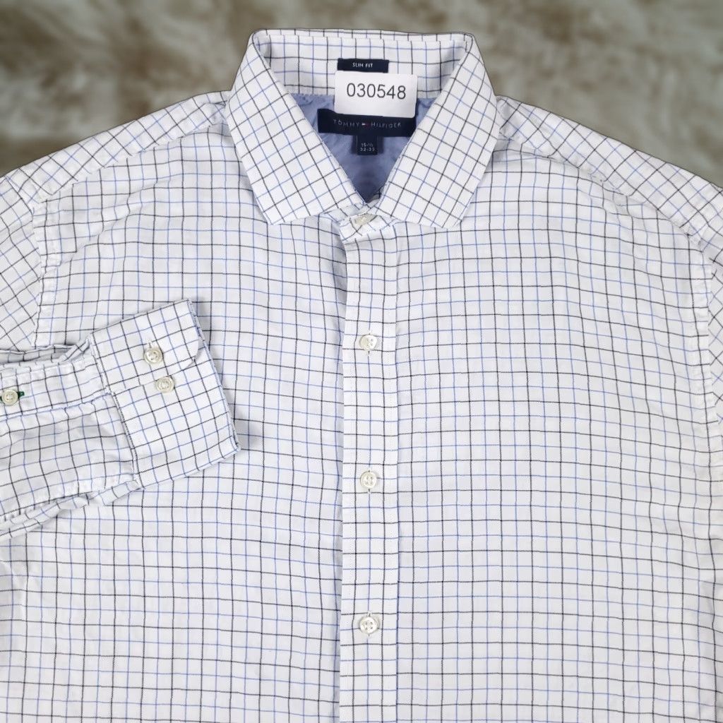 Tommy Hilfiger Tommy Hilfiger Shirt Mens 15.5 White Blue Check Dress Button Up Short Sleeve Size 40R - 1 Thumbnail