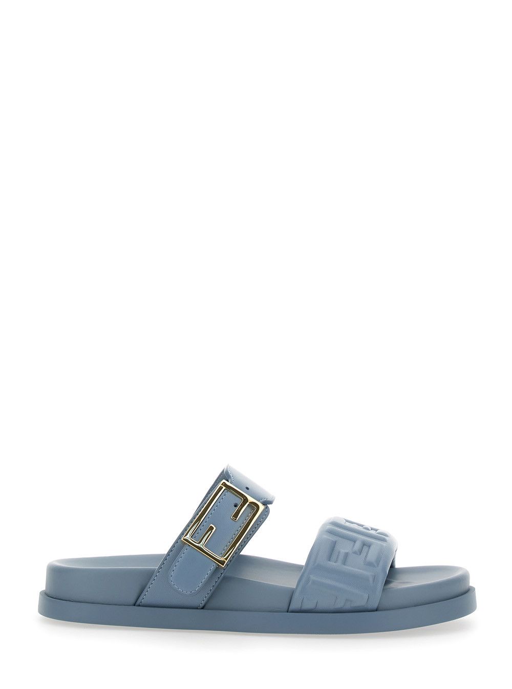 Fendi ‘Feel’ Light Blue Sandals with Metallic FF Plaque and Embroidered Logo on Front in Leather Woman Size US 6 / IT 36 - 1 Thumbnail