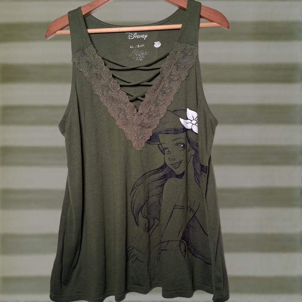 Disney Disney Little Mermaid Tank Top Juniors XL Princess Ariel Lace Trim V-Neck Y2K Tank Shirt Size XL / US 12-14 / IT 48-50 - 1 Thumbnail