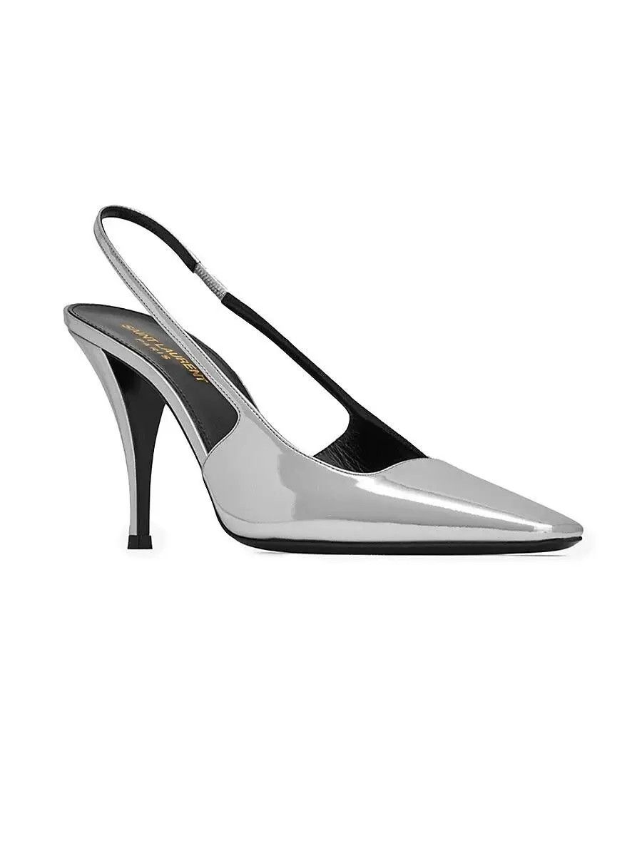 Saint Laurent Paris o1b1hav111224 Blade Slingback Pumps Mirrored Leather Silver Size US 10 / IT 40 - 5 Thumbnail