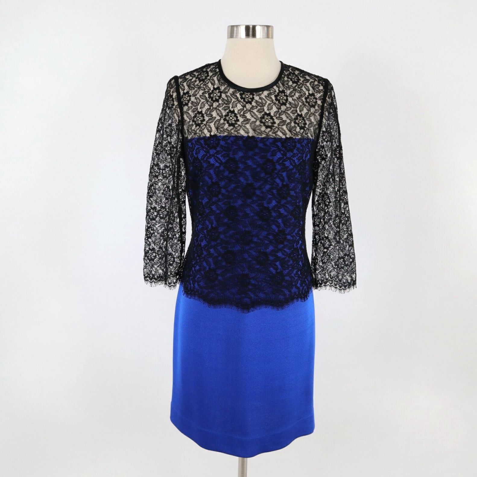 image of Vintage St. John Sheath Dress Womens 4 Royal Blue Knit Black Lace Overlay Cocktail Party in White (