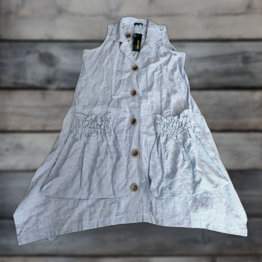 Vintage VINTAGE None Linen Blend Striped Shirt Dress Casual Women S Blue & White Sleeveless 90s Designer Size S / US 4 / IT 40 - 1 Thumbnail