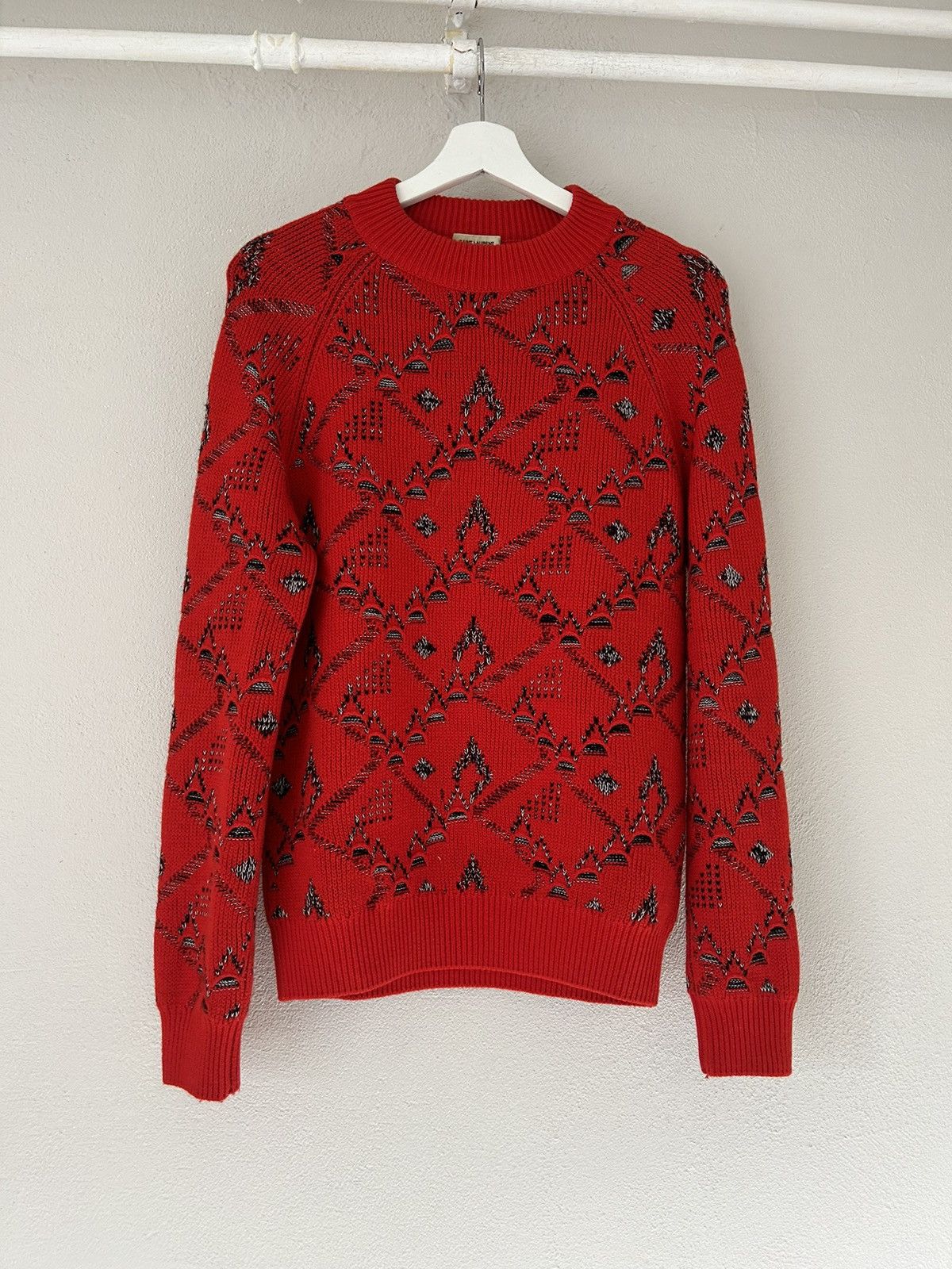 image of Saint Laurent Paris Wool/cashmere Blend Jacquard Sweater in Red, Men's (Size Small)