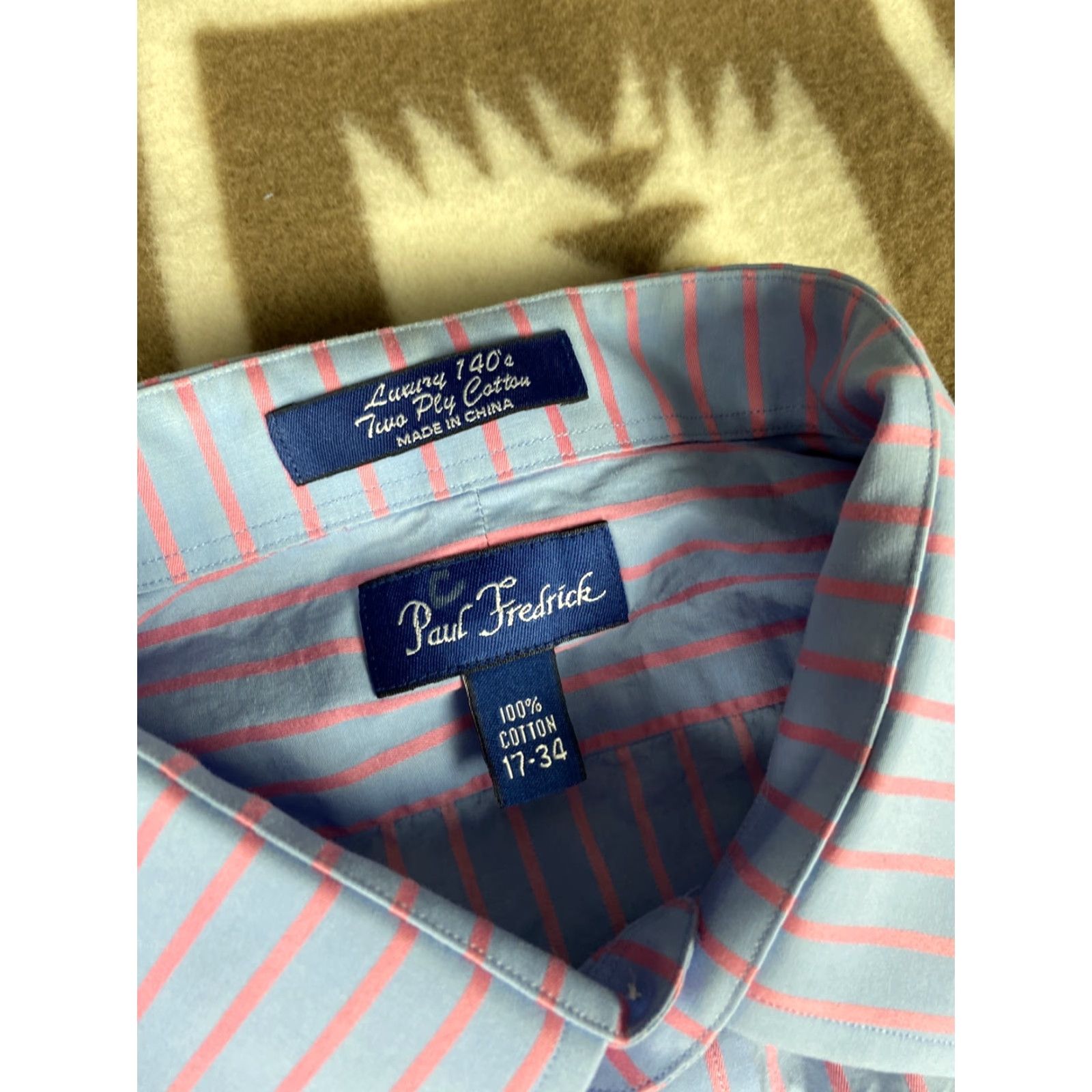 Vintage Paul Fredrick Dress Shirt Mens 17-34 Blue Pink Stripes Size 46R - 5 Thumbnail