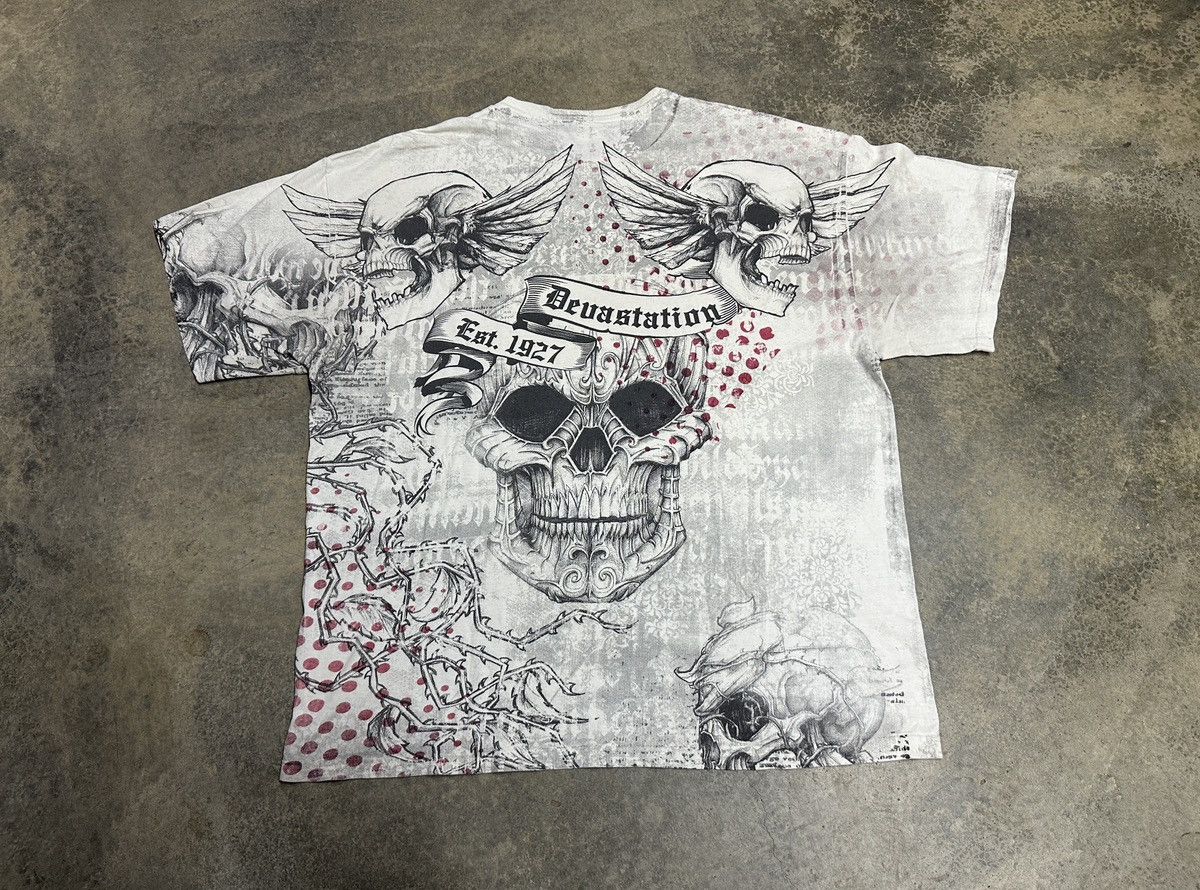 Affliction × Japanese Brand × Vintage Rare🔥Vintage Devastation Goth Skulls Shirt All Over Print Size US XL / EU 56 / 4 - 2 Thumbnail