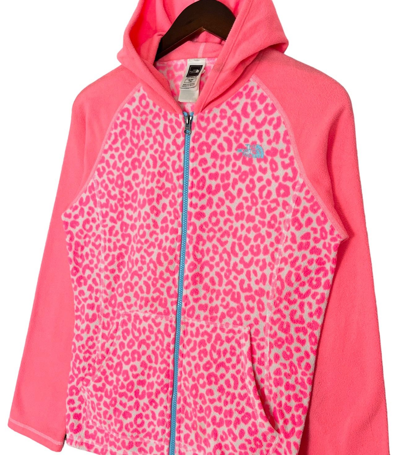 The North Face Pink Leopard Print Hoodie Fleece Jacket