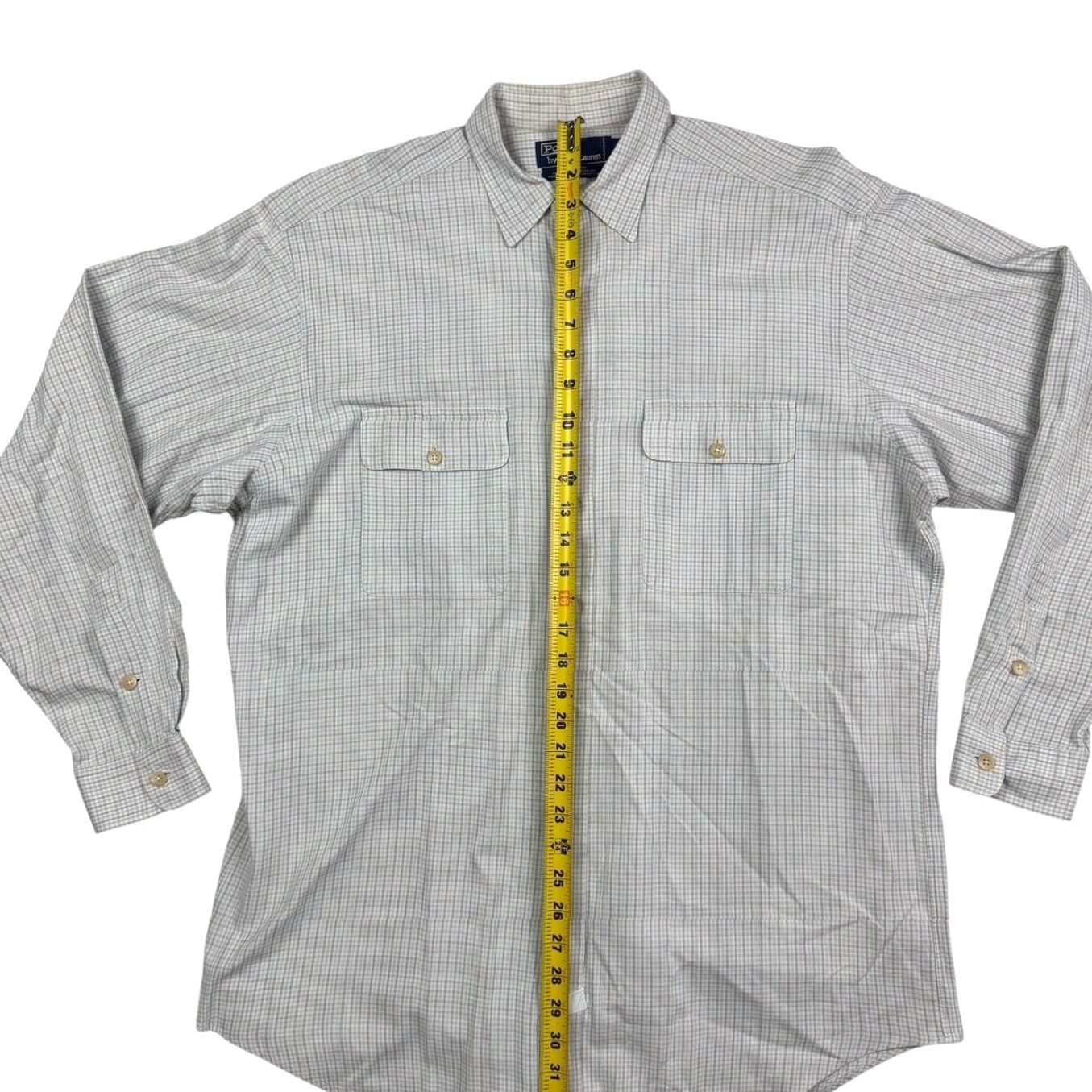 Polo Ralph Lauren Shirt Large Mens 100% Cotton L/S Button-Front Beige Plaid with Chest Pockets Classic Fit
