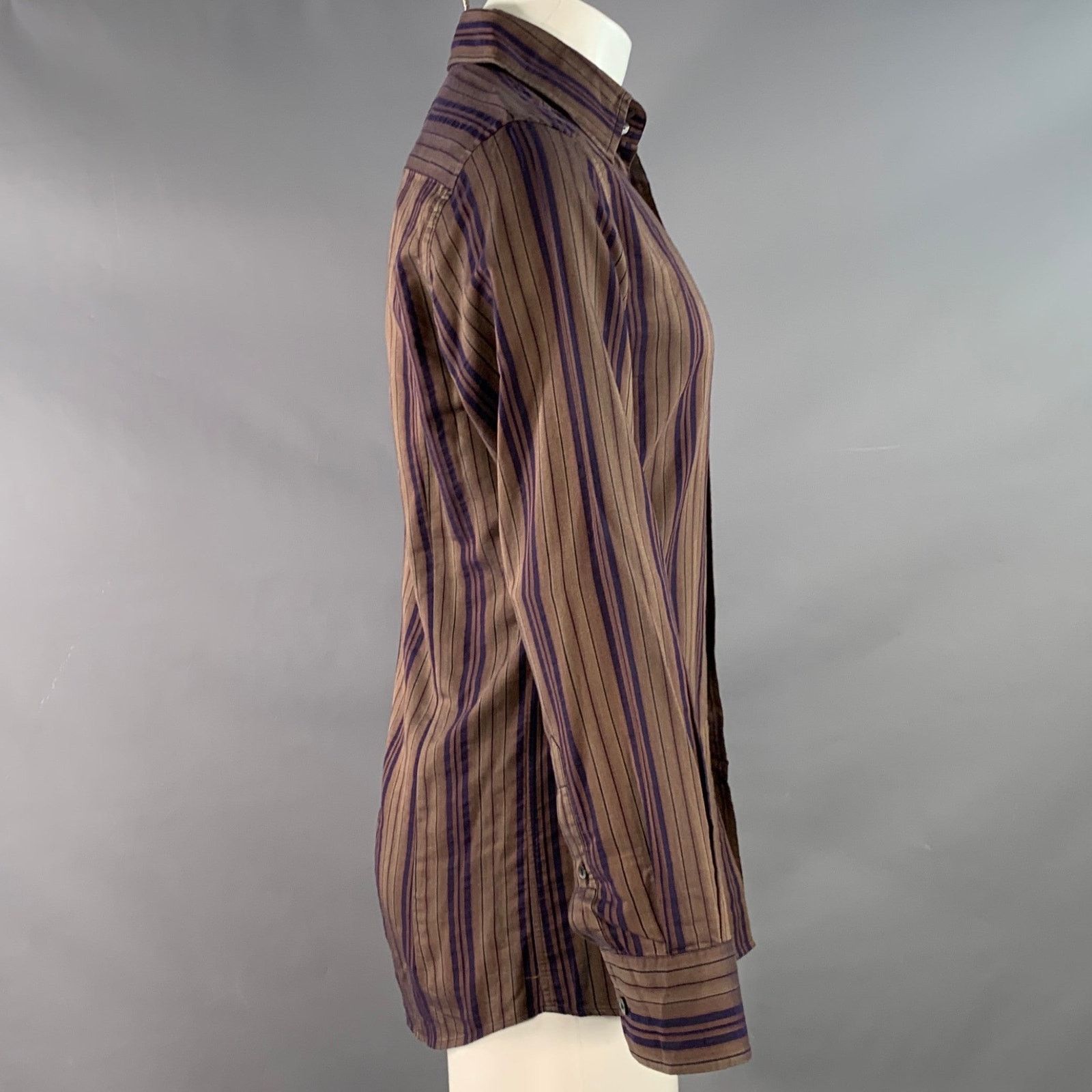 Dolce & Gabbana Size S Brown Navy Stripe One Pocket Long Sleeve Shirt Size US S / EU 44-46 / 1 - 3 Thumbnail