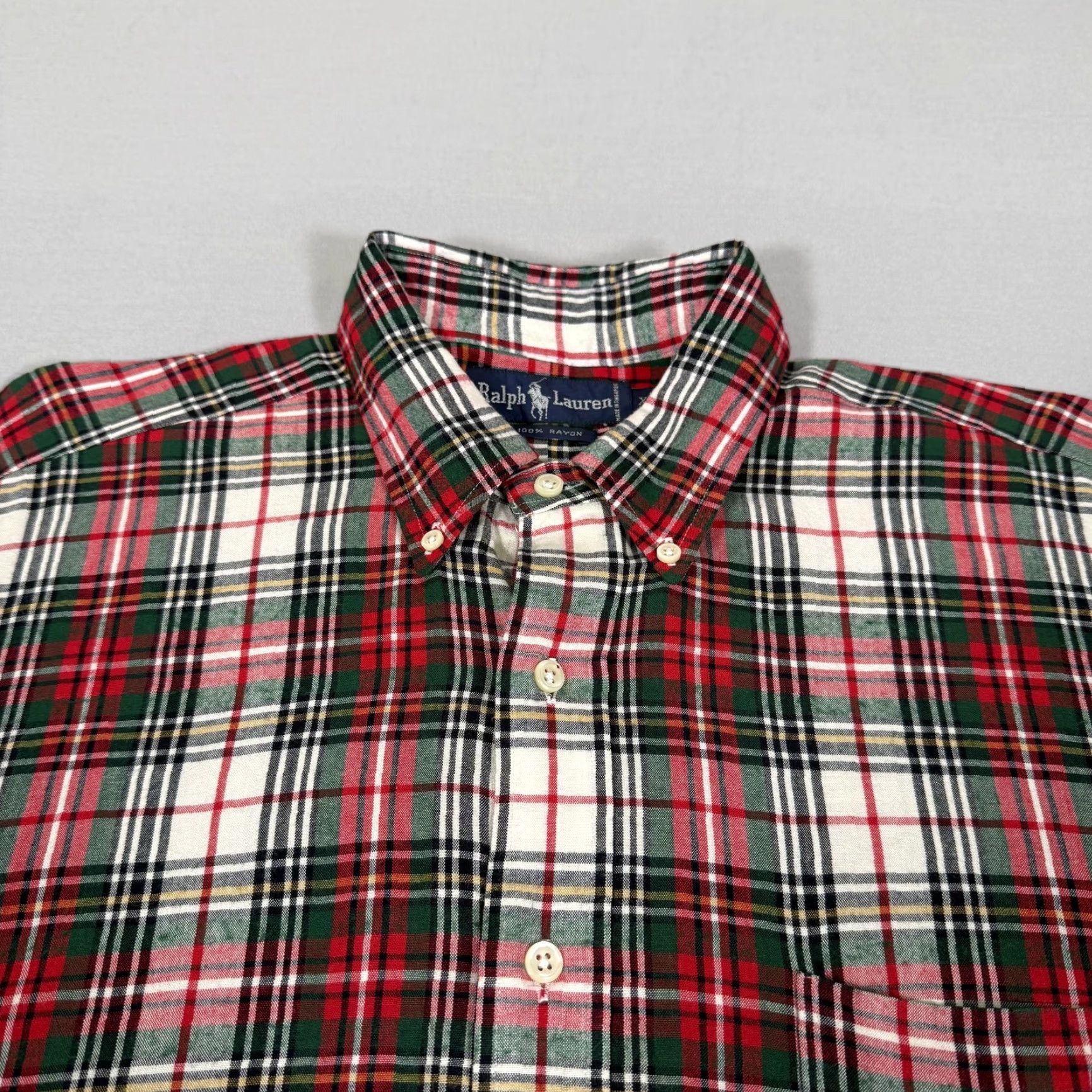 Polo Ralph Lauren VINTAGE Polo Ralph Lauren Shirt Mens XL Red Green Plaid Rayon Button-Up Pony 80s Size US XL / EU 56 / 4 - 3 Thumbnail