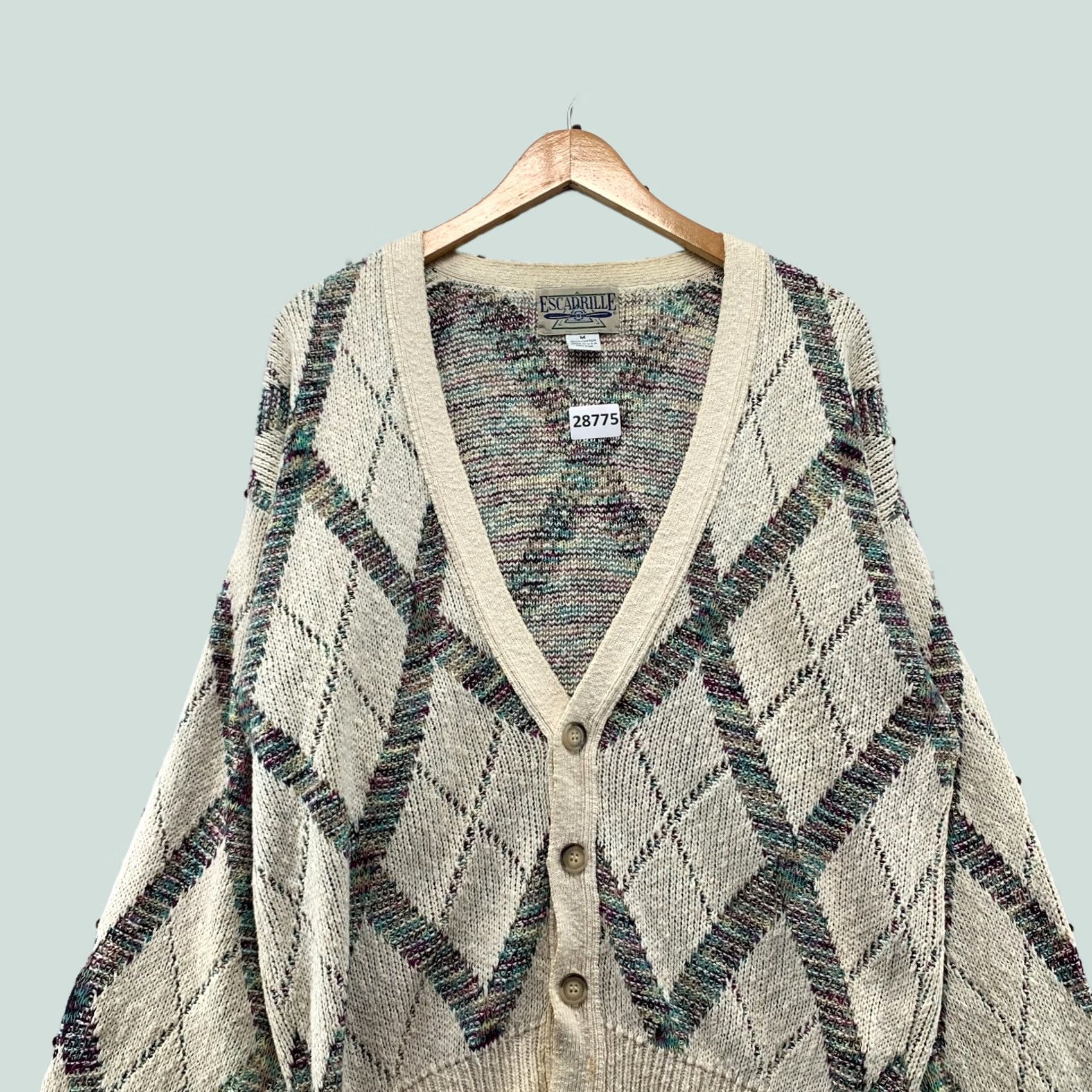 Vintage VINTAGE Escadrille Knit Cardigan Sweater Mens M Beige Argyle 90s USA 23X27 Size US M / EU 48-50 / 2 - 1 Thumbnail
