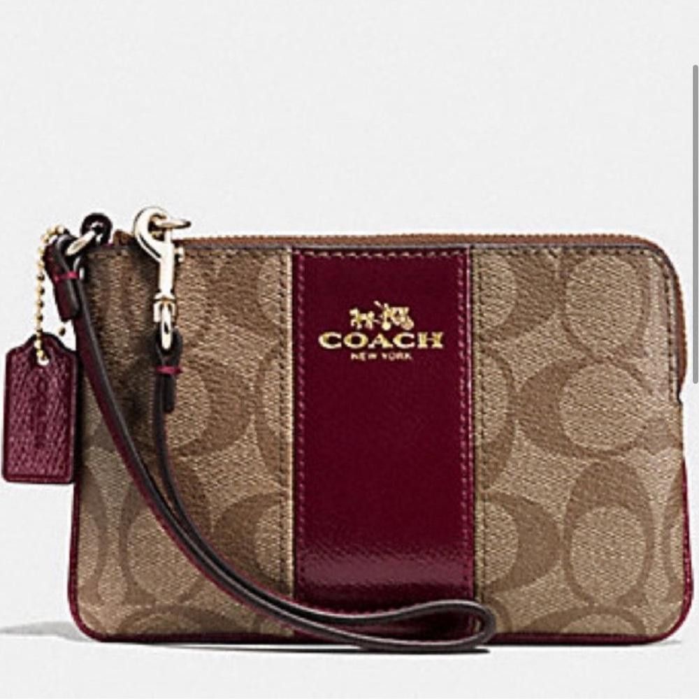 Coach COACH Corner Zip Wristlet Signature Khaki PVC Sherry Leather Size ONE SIZE - 1 Thumbnail
