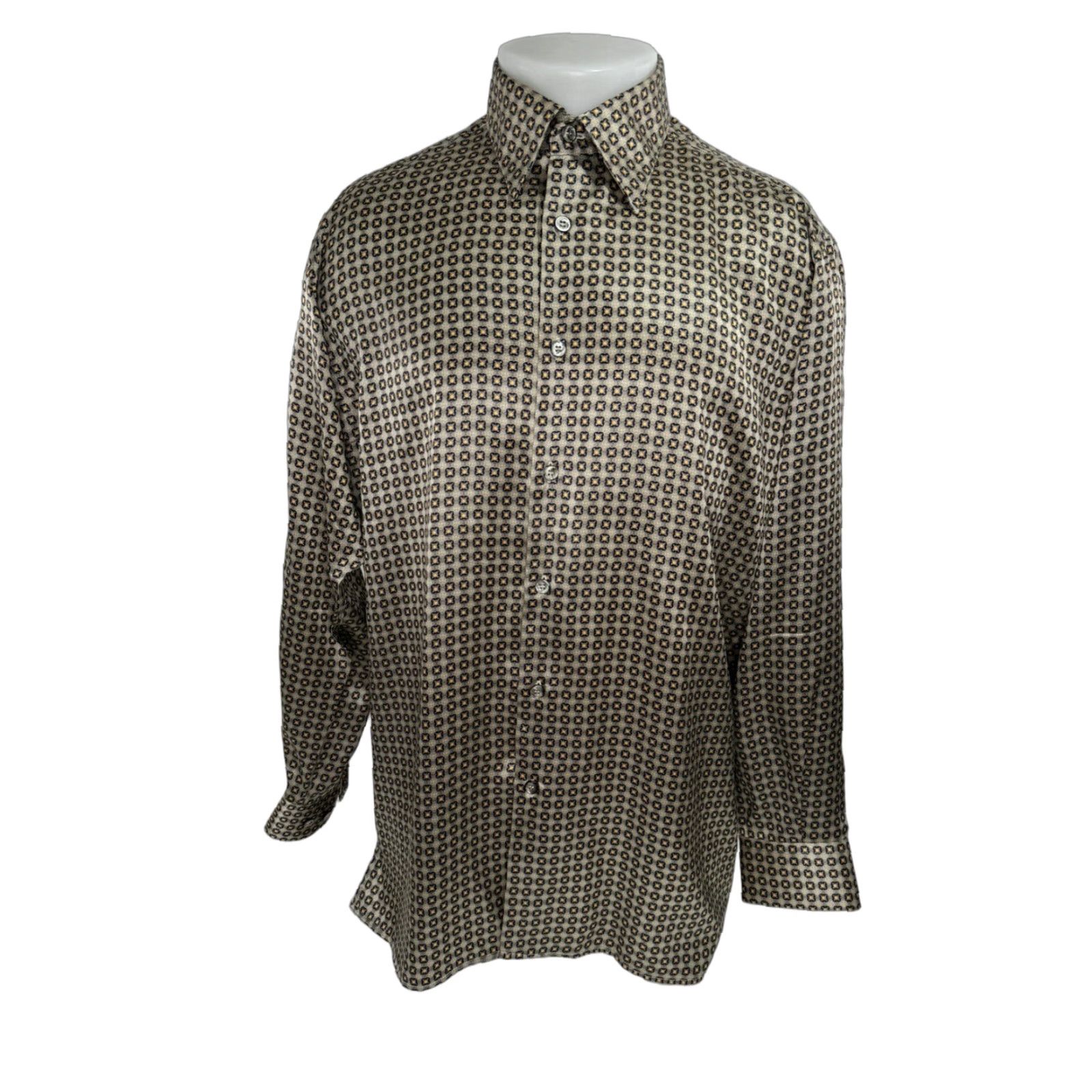 Vintage Bernini / Beverly Hills Silk Geometric Mens L Shirt - Gold / Orange / Blue Silk Button-Up Long Sleeve EXCELLENT Size US L / EU 52-54 / 3 - 1 Thumbnail