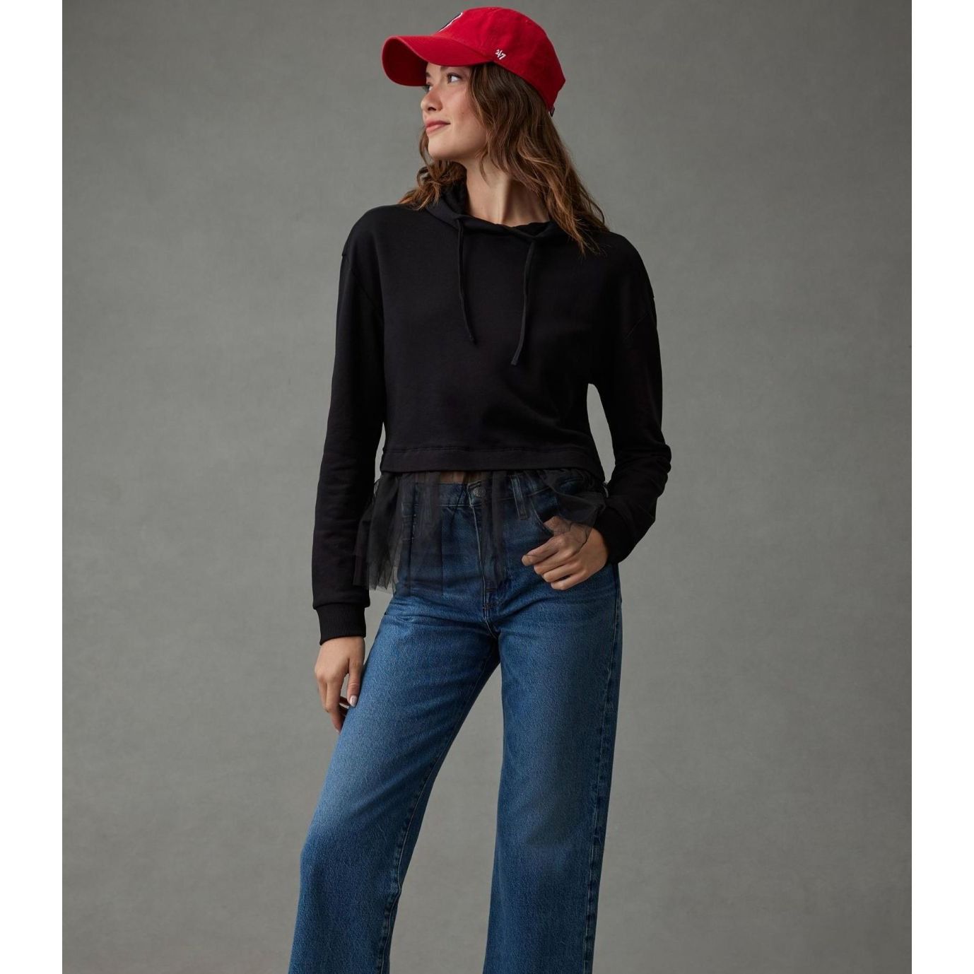 Anthropologie Pilcro Tulle-Hem Black Hoodie Size XS / US 0-2 / IT 36-38 - 1 Thumbnail