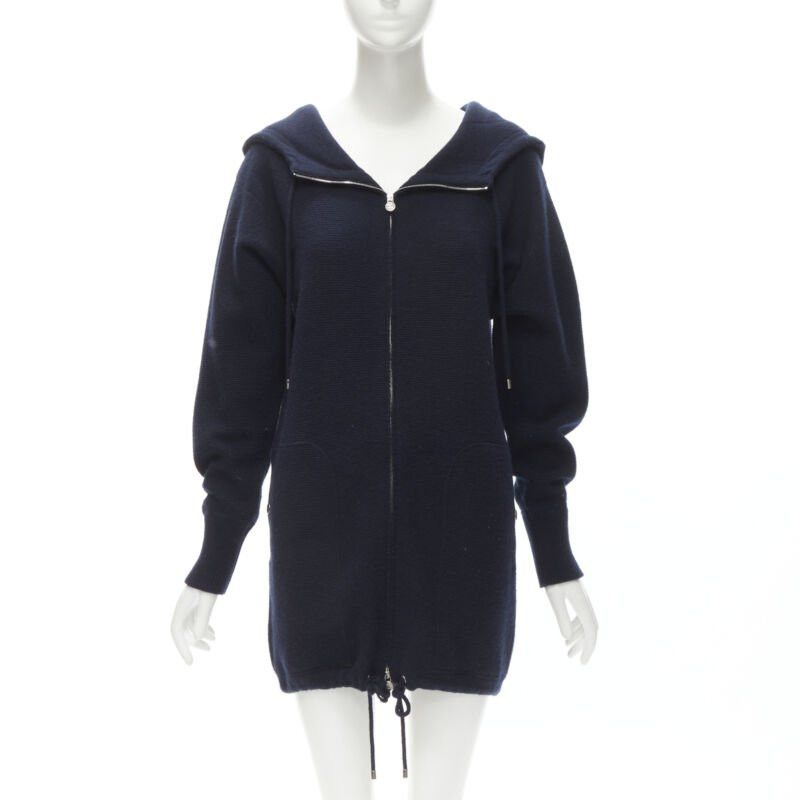 Chanel CHANEL 100% cashmere navy silver CC zip up hooded sweater FR34 XS Size XS / US 0-2 / IT 36-38 - 1 Thumbnail