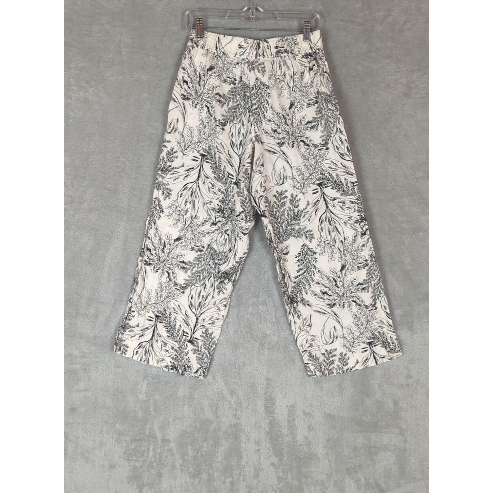 Vintage Tahari Women's Cream/Black Floral Linen Wide-Leg Pull-On Cropped Pants Beachy Size 28" / US 6 / IT 42 - 5 Thumbnail