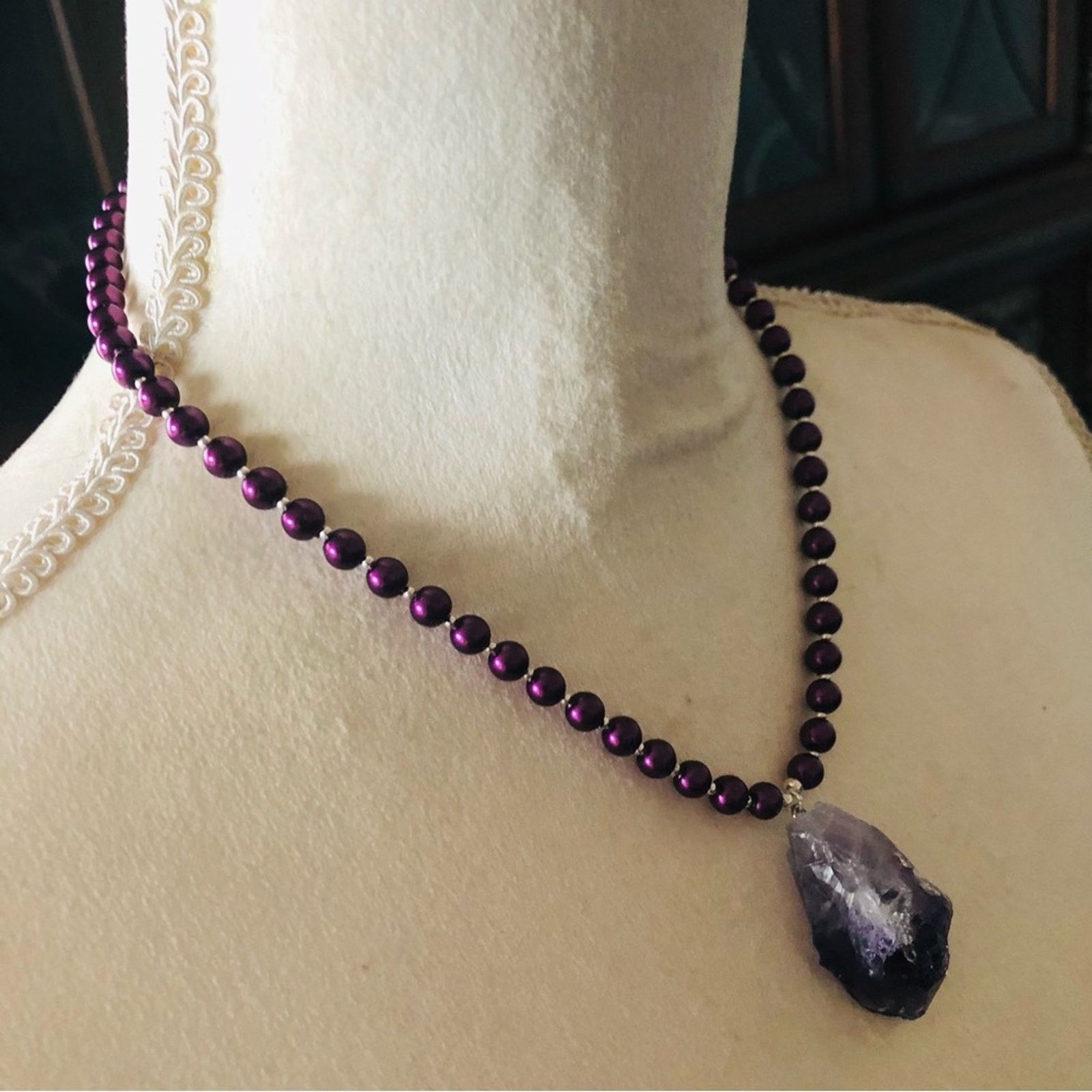 Handmade Handcrafted repurpose genuine amethyst slab Pearl necklace Size ONE SIZE - 4 Thumbnail