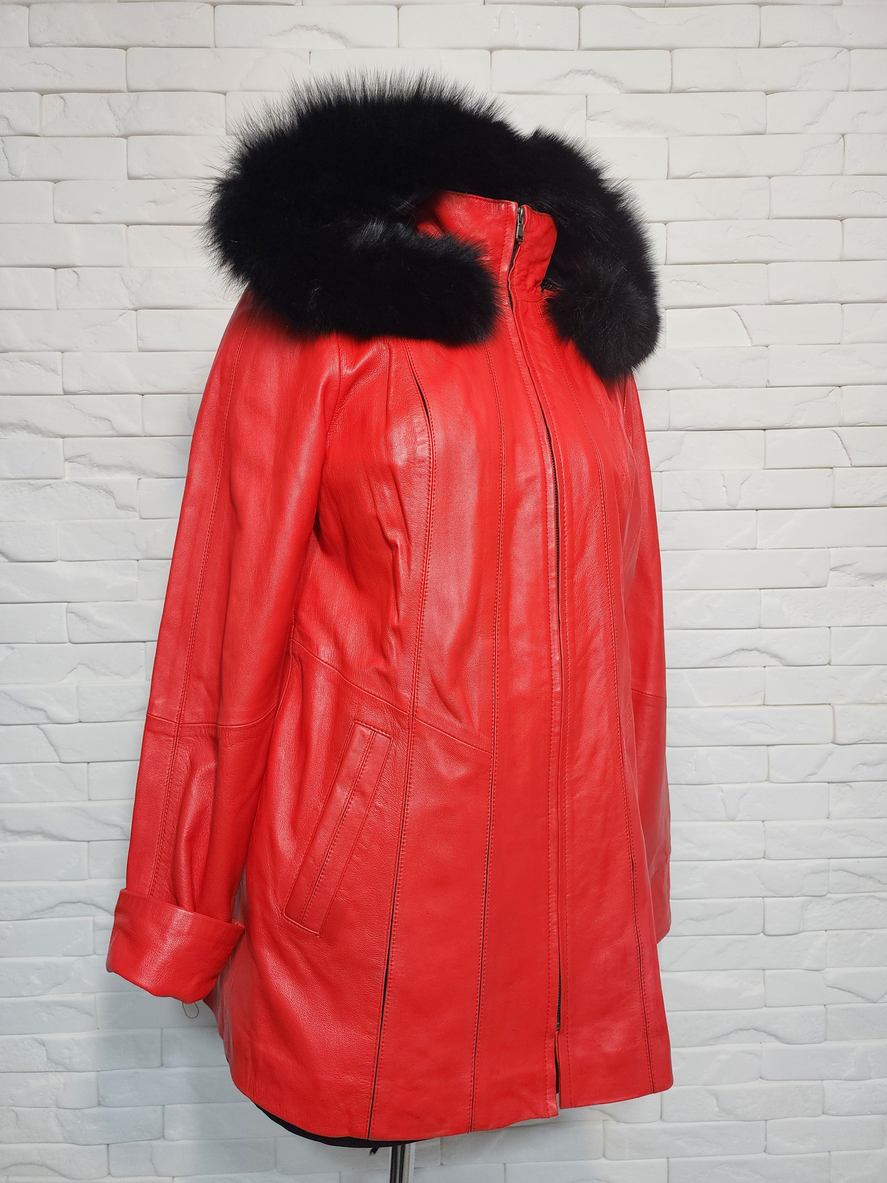 Genuine Leather Red Leather Jacket: Women's Leather Coat with Fur Hood Size M / US 6-8 / IT 42-44 - 1 Thumbnail