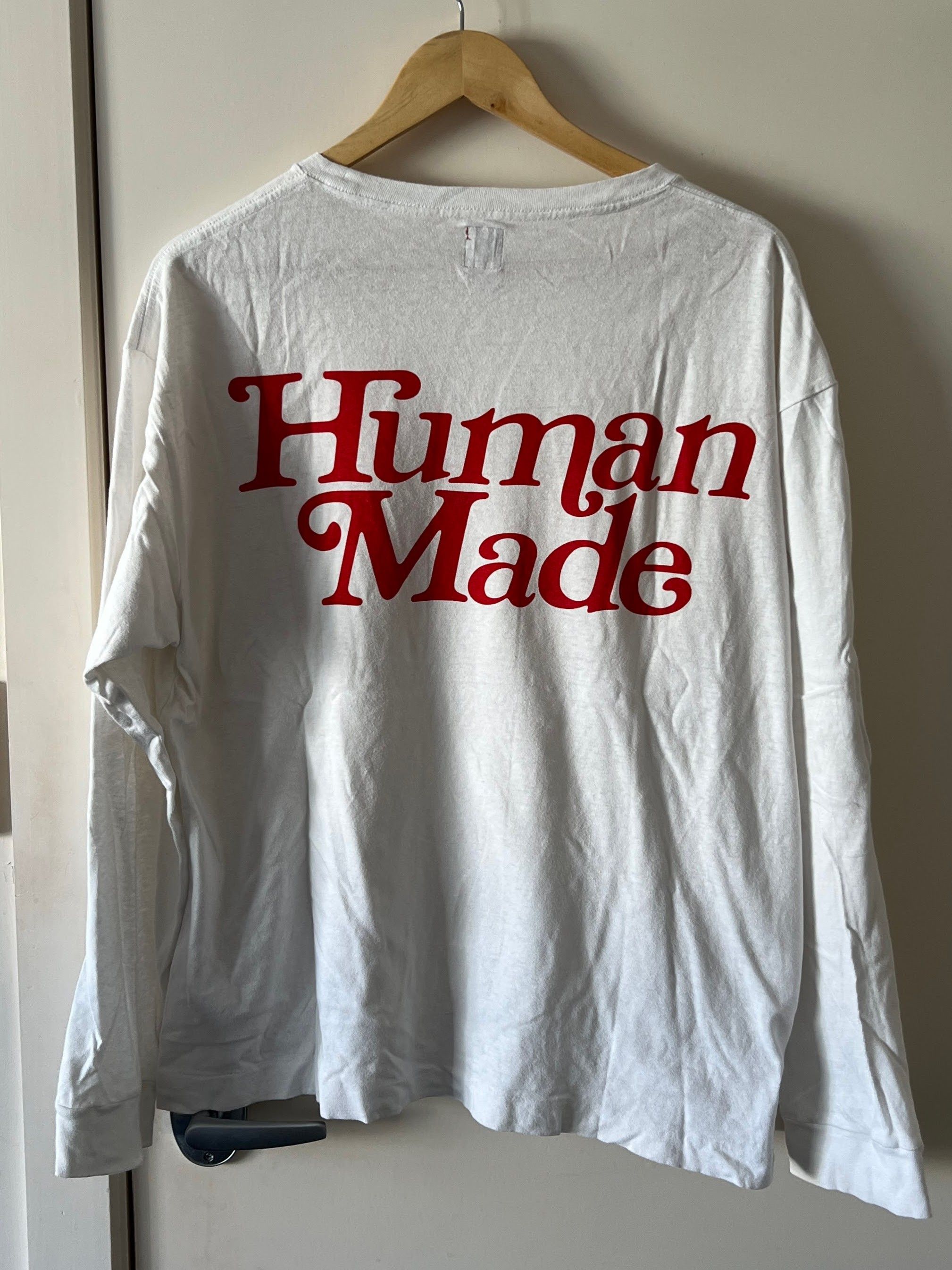 Human Made red logo gdc pharrell verdy nigo long sleeve t-shirt | Grailed